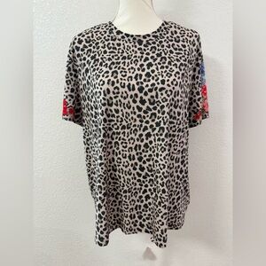 JOHNNY WAS Leopard  Floral Knit T-Shirt Short Sleeve Beige/Black women XL
